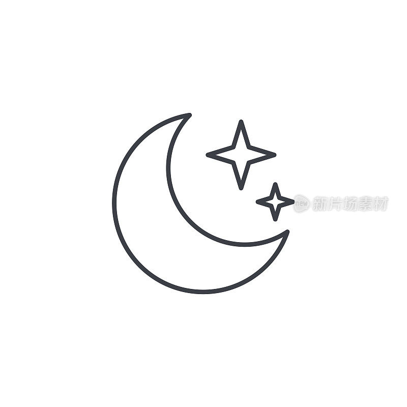 夜，月亮和星星细线图标。线性向量符号