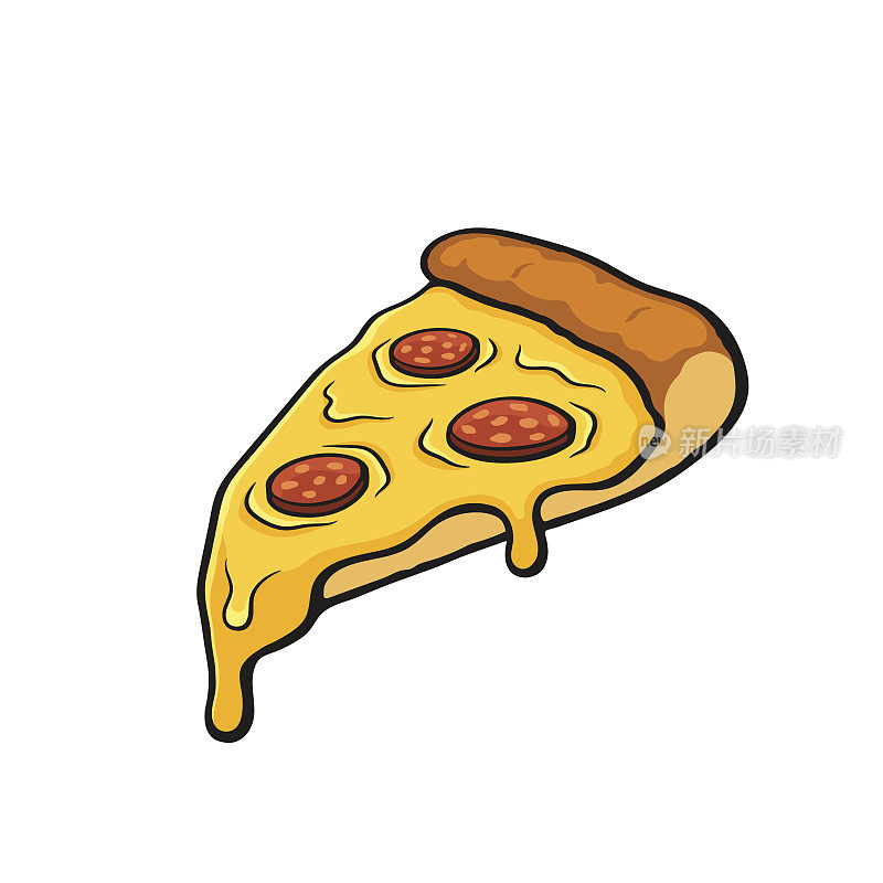 卡通与轮廓披萨切片融化的奶酪和意大利辣香肠