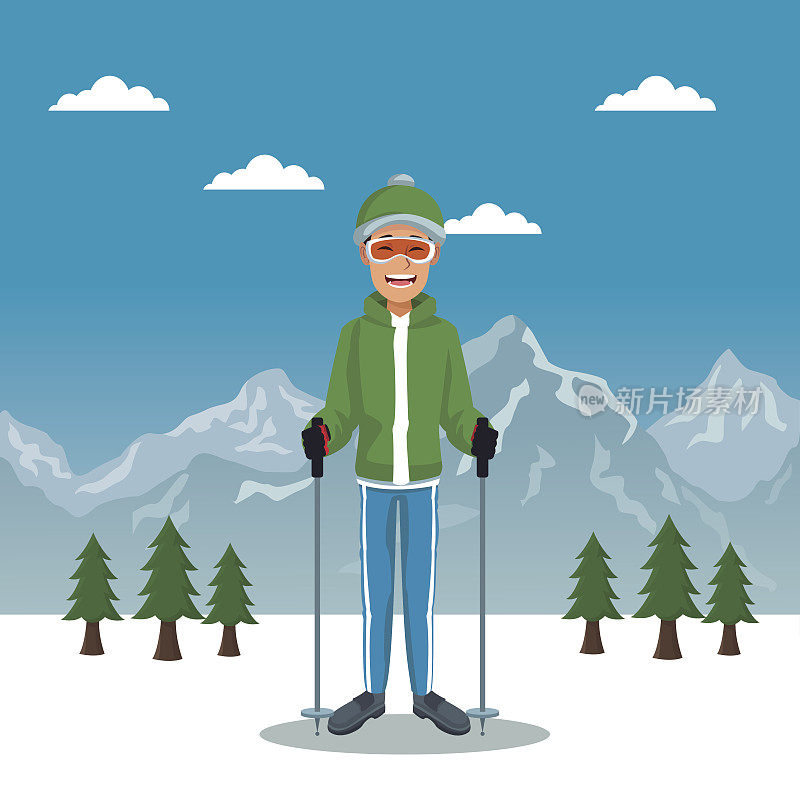 冬季山地景观海报与scaler家伙与设备