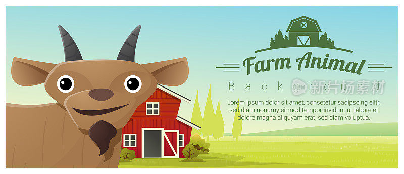 农场动物和农村景观背景与山羊，矢量，插图