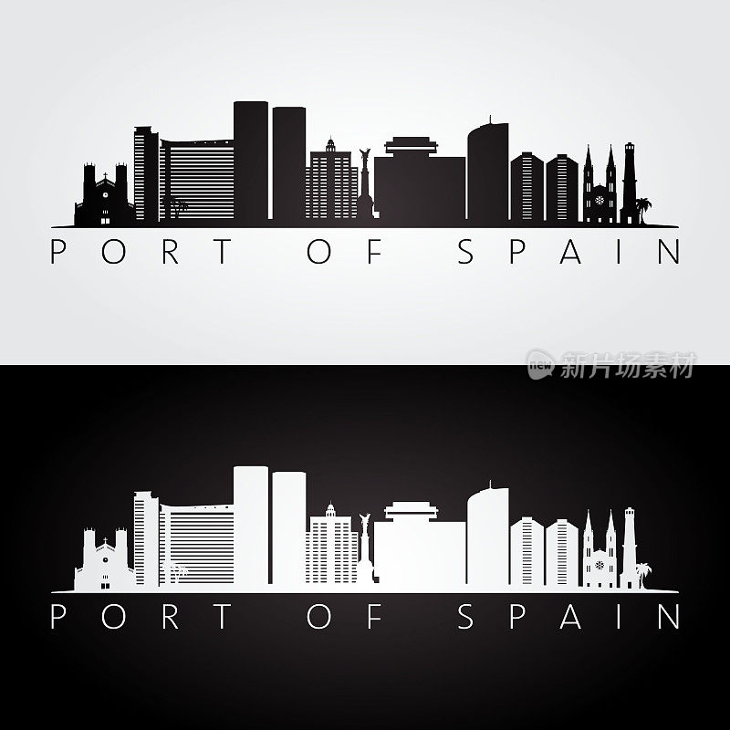 西班牙港口的天际线和地标剪影，黑白设计，矢量插图。