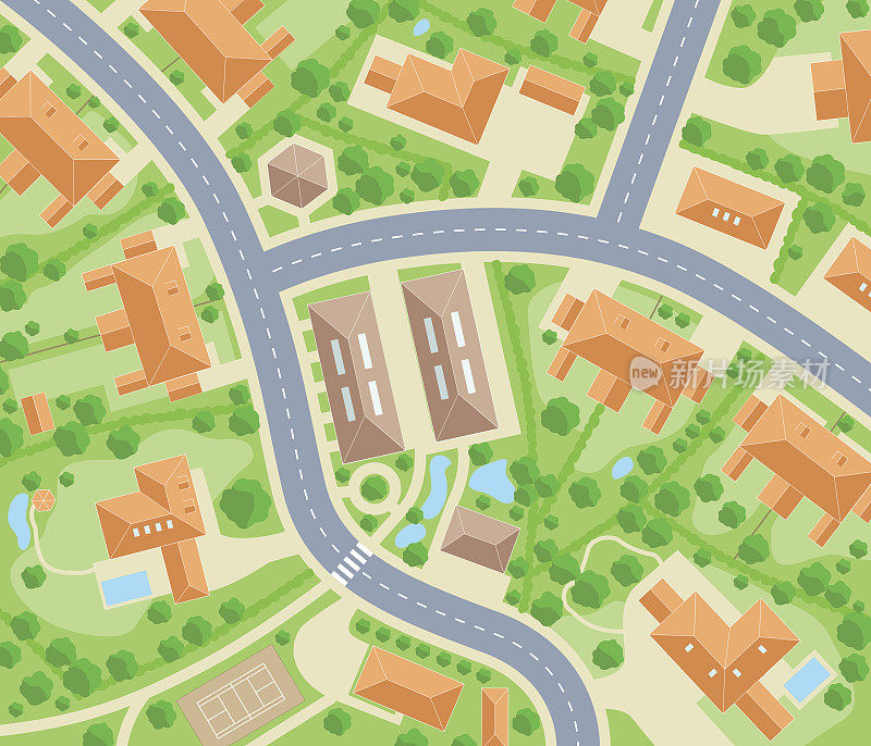 社区道路和房屋矢量鸟瞰图