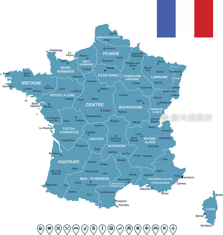 法国地图，旗帜和导航标签-插图