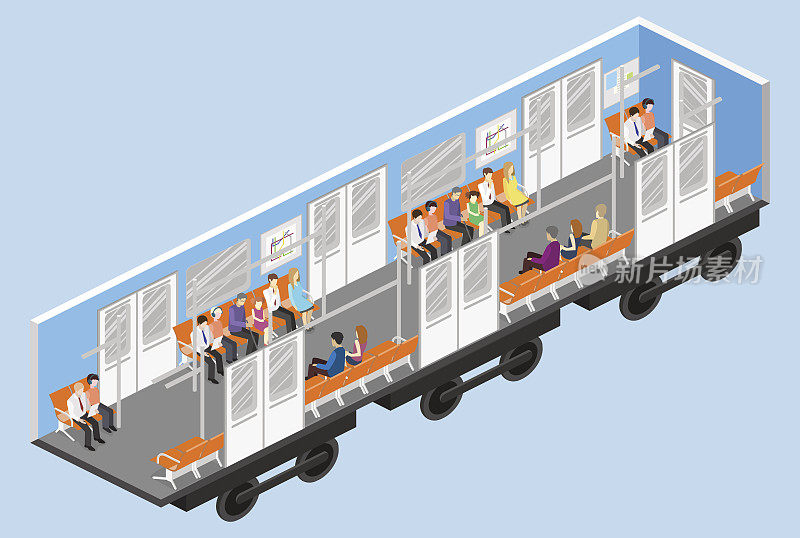 地铁车厢内部的等距平面三维概念向量。