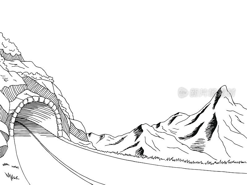 山道隧道图形黑白景观素描插图矢量