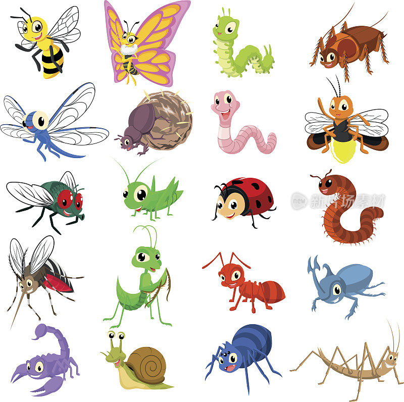 一套昆虫卡通人物平面设计矢量插图