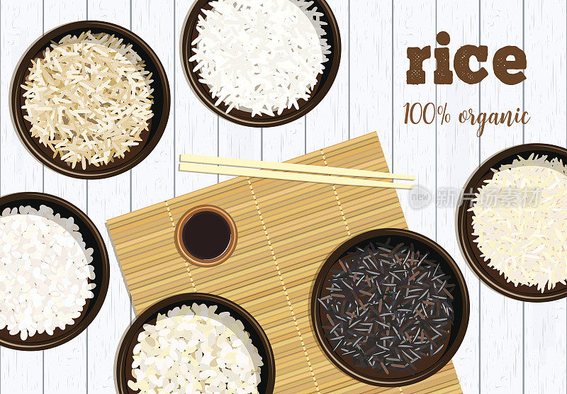 不同类型的米饭在白木碗背景巴斯马蒂，野生，茉莉，长棕色，arborio，寿司。筷子。厨房竹席、酱盖碗。