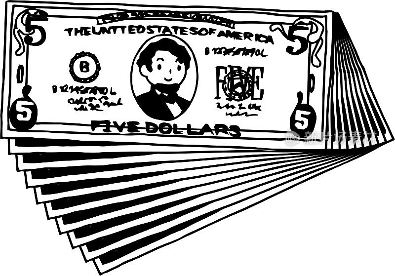 一串可爱的手绘5美元钞票轮廓