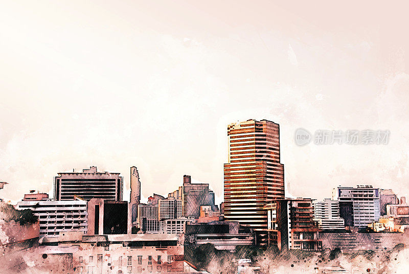 抽象办公楼以城市建筑为背景绘制水彩画。城市上的数字插画刷艺术。