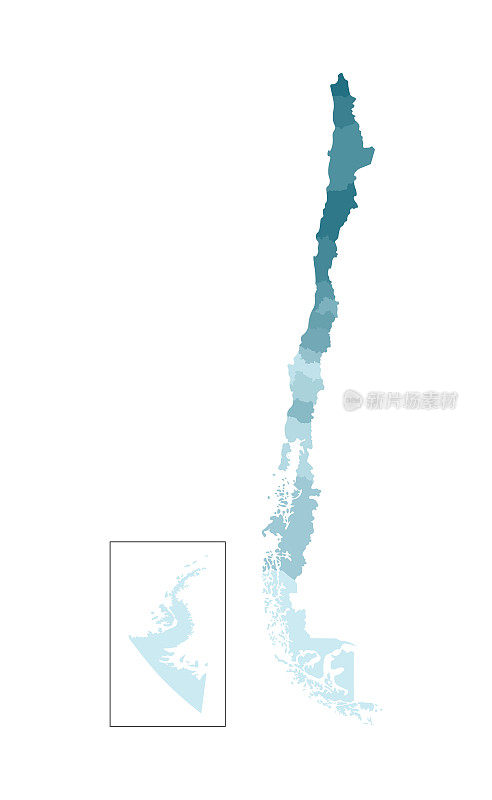 智利简化行政地图矢量孤立插图。地区边界。五颜六色的蓝色卡其色轮廓