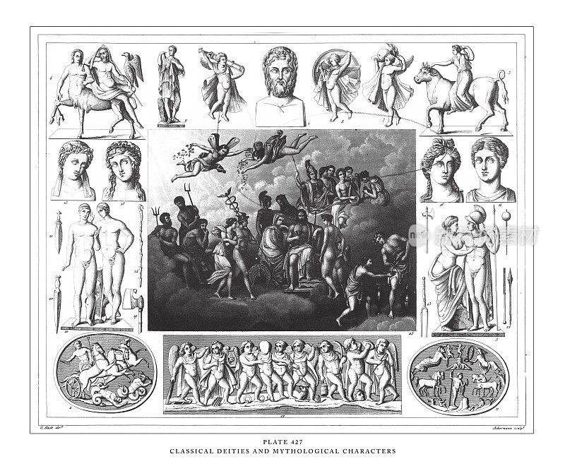 古典神与神话人物雕刻古玩插图，1851年出版