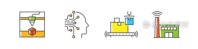 工业4.0相关矢量线图标。大纲符号集合。