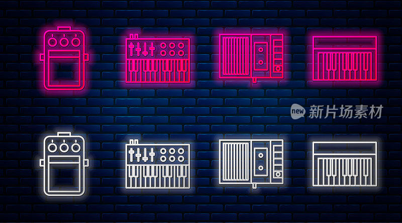 音乐合成器，音乐磁带播放器，吉他踏板和音乐合成器。砖墙上发光的霓虹灯图标。向量