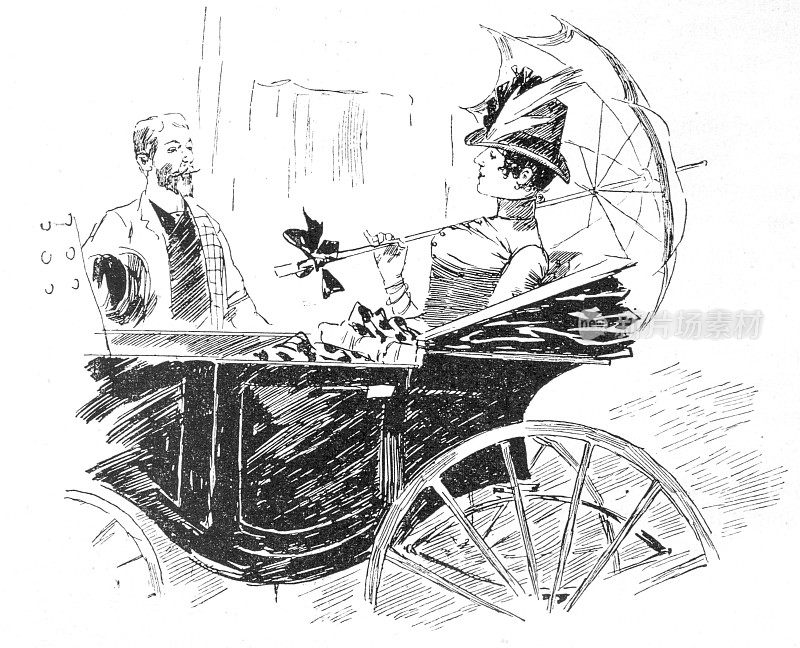 女人在波尔卡点衬裙在她的马车调情