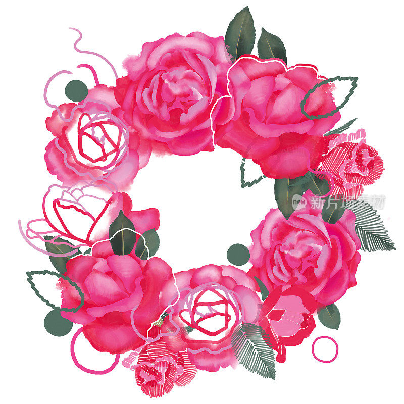 数字玫瑰花圈，混合技术，色彩鲜艳