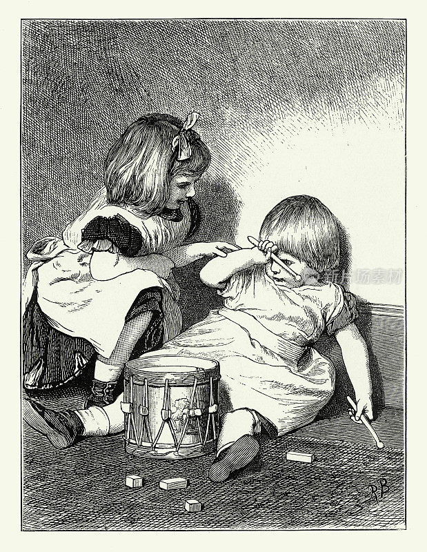 Vintage，两个年轻的姐妹在打鼓，美国维多利亚版画，1882年