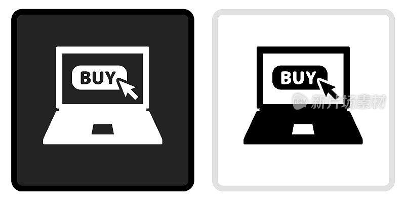 购买签名在笔记本电脑图标上的黑色按钮与白色翻转