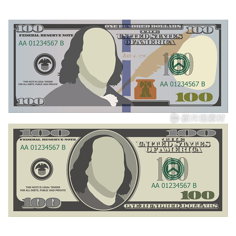 百元钞票的正面有新旧设计。100美元纸币。矢量插图的美元孤立在一个白色的背景