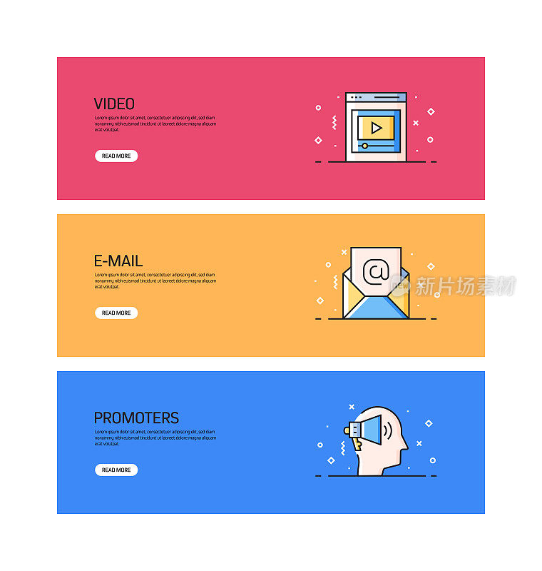 入站营销相关的平面线横幅设计与图标，线风格矢量插图。