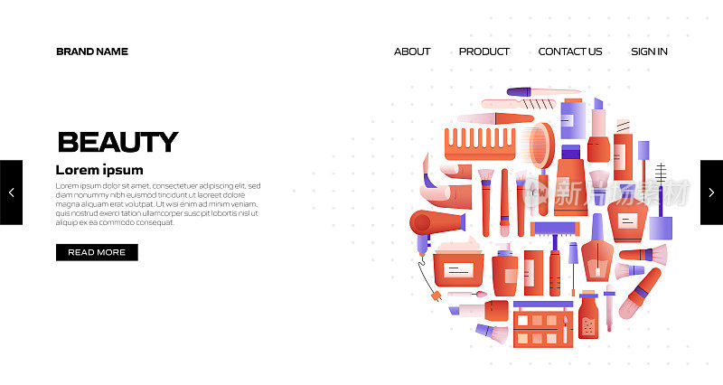 美丽概念彩色矢量插图在平面卡通风格。美容，身体护理和化妆品相关的现代矢量插图的网站着陆页