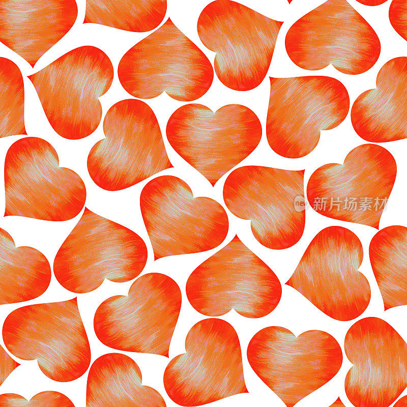 明亮的橙色桃心在白色的背景上。无缝模式。水彩插图。爱。情人节。适用于设计贺卡、婚礼请柬、包装、织物印刷等。