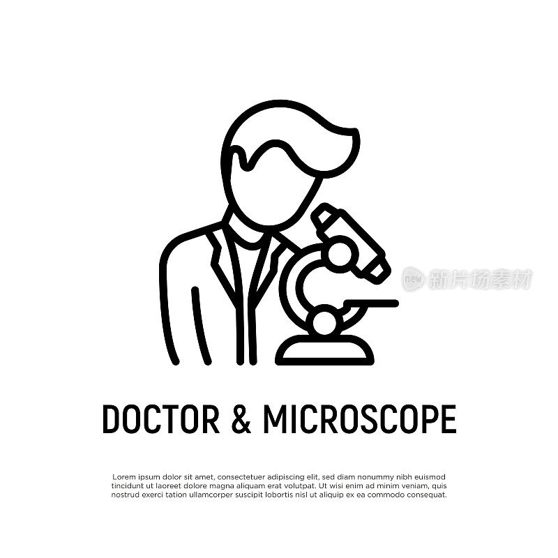 医生在显微镜下看细线图标。实验室研究。矢量插图。