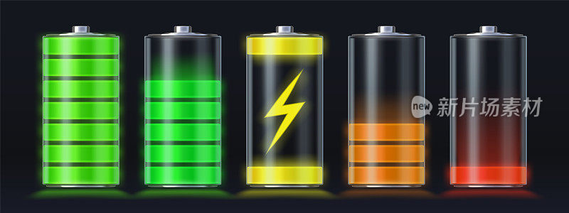 现实的电池充电空到满的能量水平。发光的智能手机蓄电池加载图标与闪电。电荷指示向量集