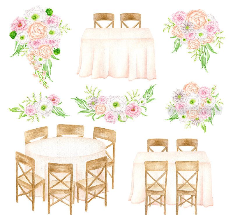 婚宴装饰创造者集合。水彩花束、头桌、宴会桌在白色背景上孤立。铺着桌布，插花。优雅的婚礼装饰画。