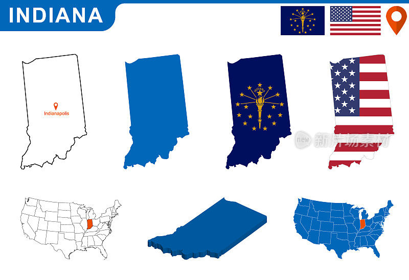 美国印第安纳州的地图和旗帜。