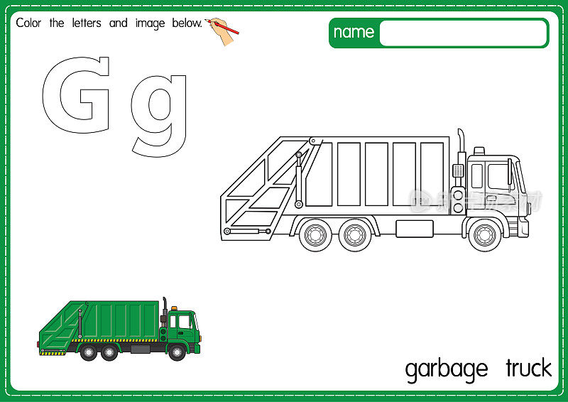 矢量插图的儿童字母着色书页与概述剪贴画，以颜色。字母G代表垃圾车。
