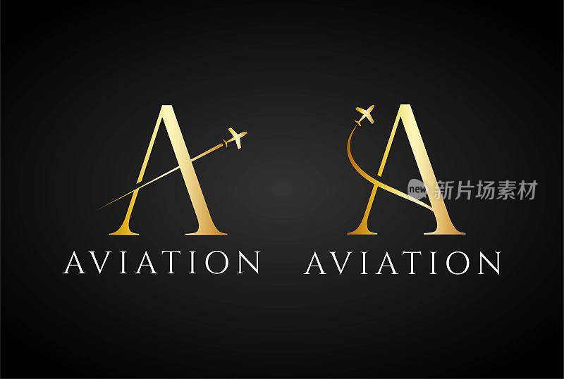优雅奢华的字母A与喷气式飞机航空飞行标志设计