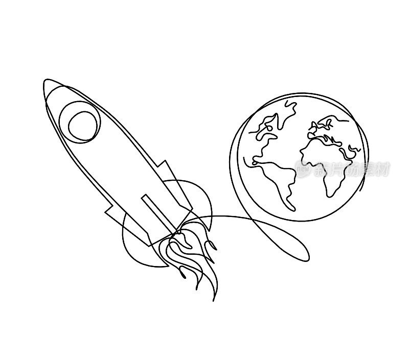 在白色的背景上用球作为连续线绘制的抽象火箭