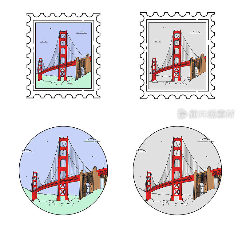 旧金山金门大桥的邮票和插图。