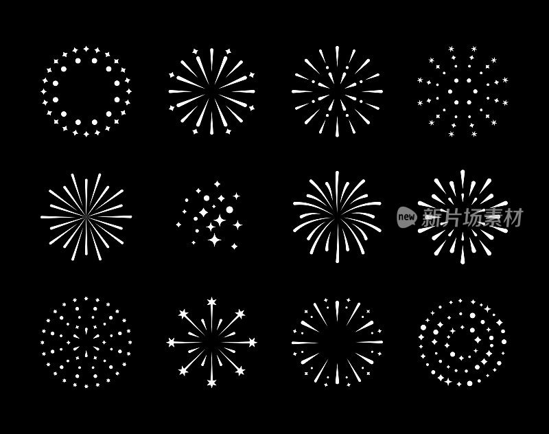 焰火。一套爆竹图标周年纪念，新年，庆祝，节日。平面设计在黑色的背景。