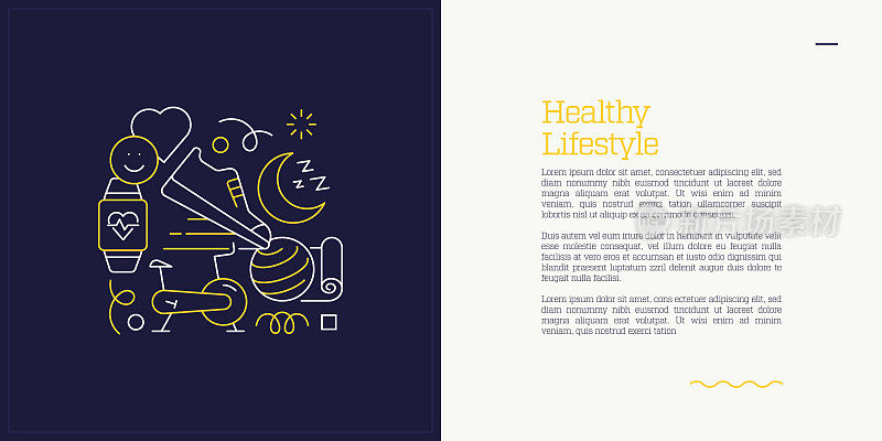 插图向量集健康生活方式的概念。线条艺术风格的网页，横幅，海报，印刷等背景设计。矢量插图。