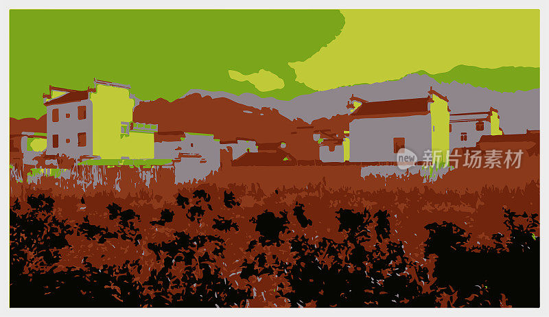 矢量色彩雕刻风格的山景插图背景，黟县，黄山市-安徽省，中国