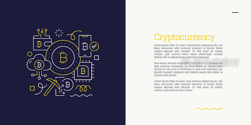 矢量集插图加密货币概念。线条艺术风格的网页，横幅，海报，印刷等背景设计。矢量插图。