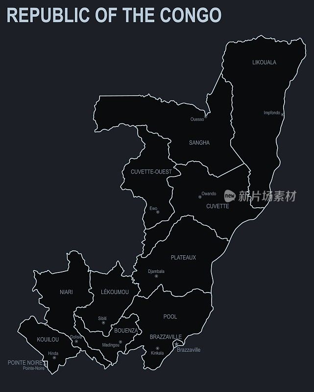 刚果共和国的平面地图，以黑色为背景的城市和地区