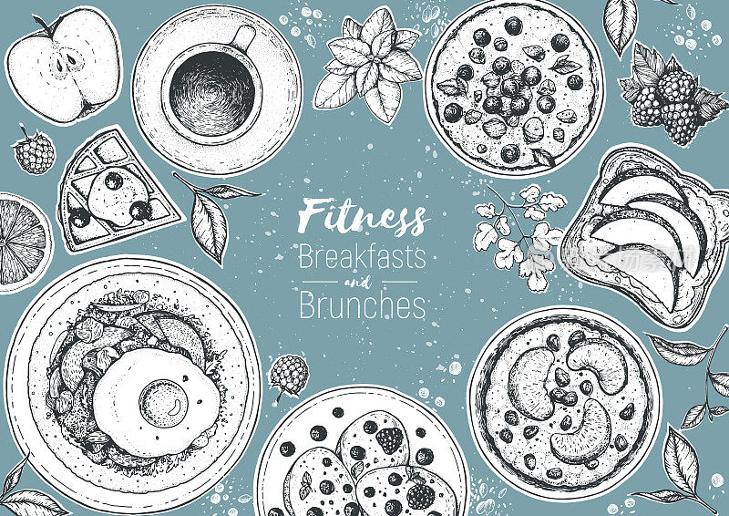 早餐和早午餐顶视图框架。食品菜单设计。复古手绘草图，矢量插图。雕刻风格。