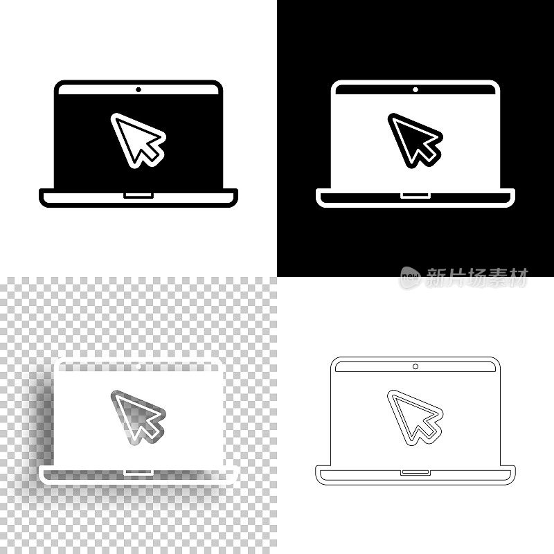 笔记本电脑指针。图标设计。空白，白色和黑色背景-线图标