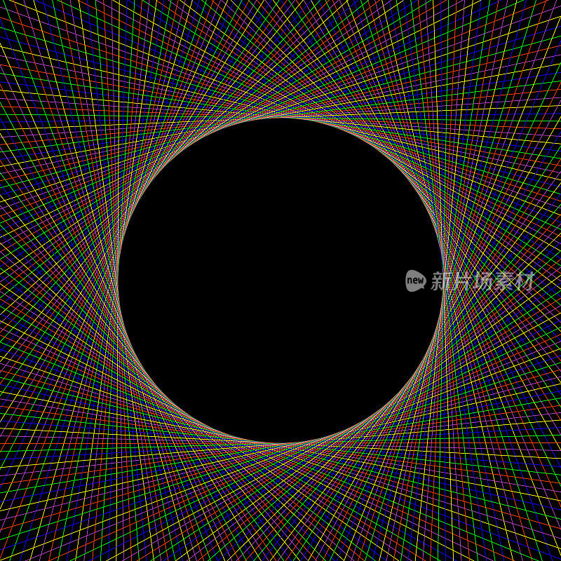 抽象的彩色线条旋转和触摸黑色球体，复制空间在中间。