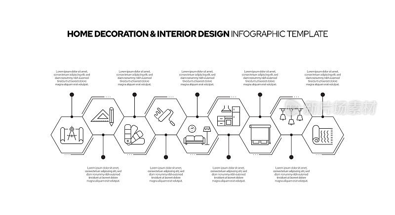 家庭装饰和室内设计概念矢量线信息图形设计图标。9选项或步骤的介绍，横幅，工作流程布局，流程图等。