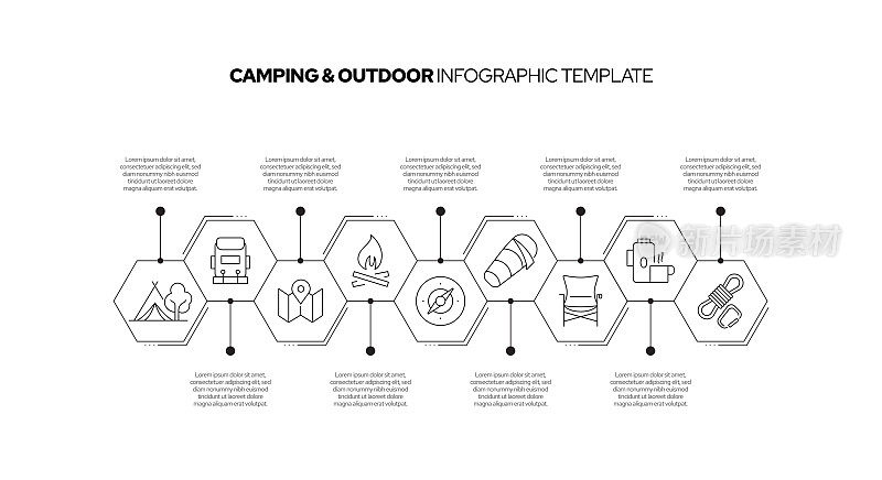 露营和户外概念向量线信息图表设计图标。9选项或步骤演示,横幅,工作流布局、流程图等。