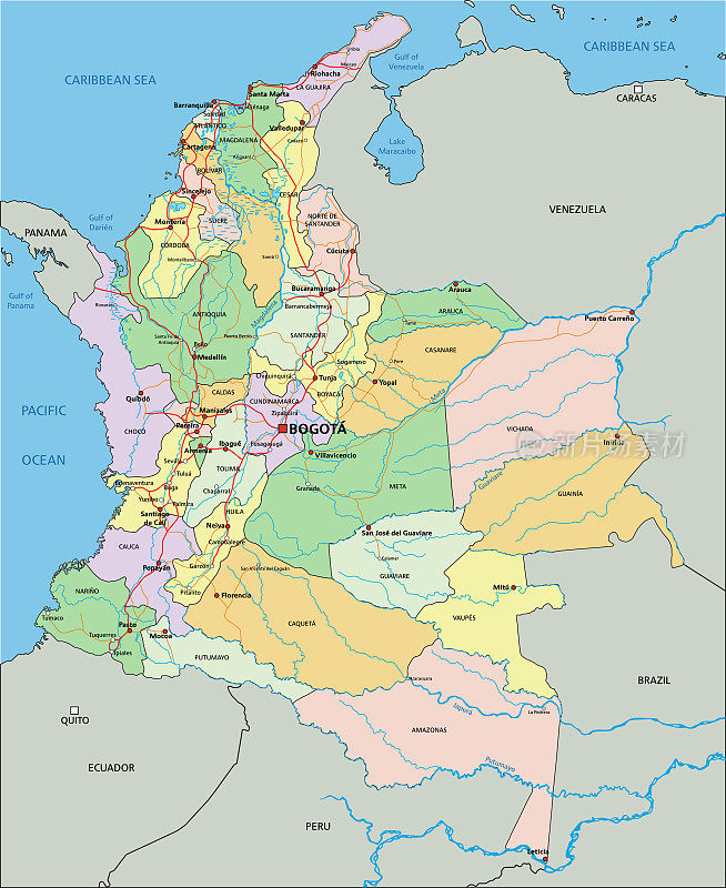 哥伦比亚-高度详细的可编辑的政治地图与标签。