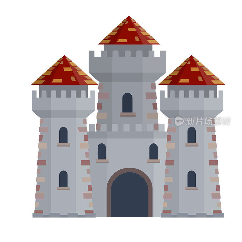 中世纪欧洲石砌城堡。骑士要塞。安全观、防护观、防御观。卡通平面插图。有墙、有门、有塔的军事建筑。