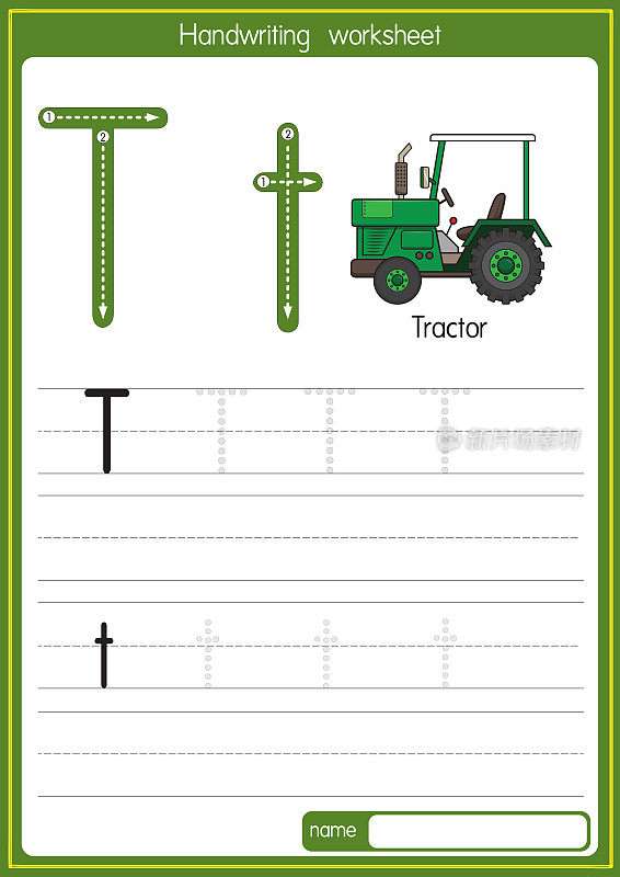 矢量插图拖拉机与字母T大写字母或大写字母的儿童学习练习ABC