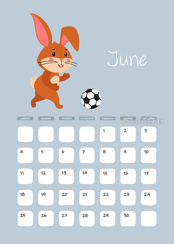 2023年6月的挂历A3页。可爱的棕色兔子或足球兔，象征着2023年的东方或中国日历。矢量股票准备打印模板。