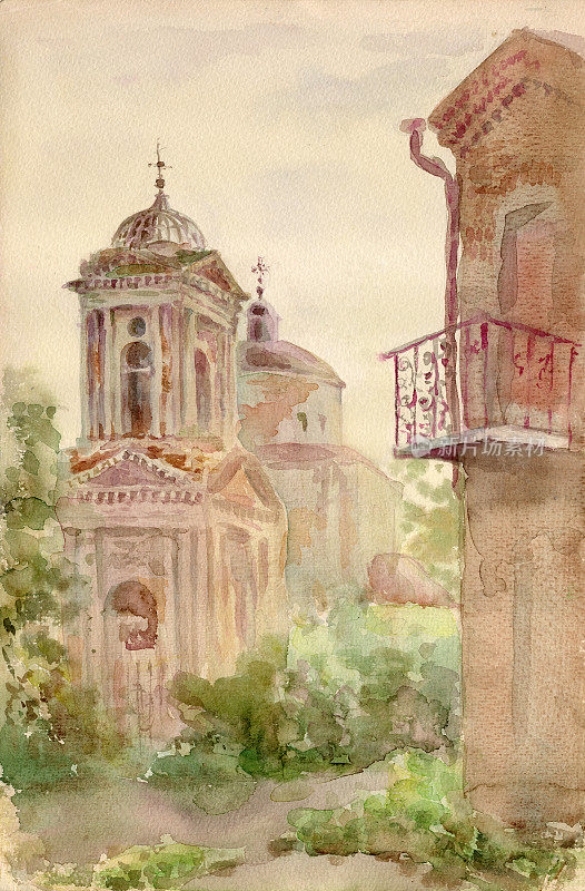 复古水彩画日落景观。被遗弃的教堂的上帝的母亲代祷在尼琴，Chernihiv地区