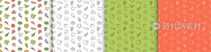 一组极简线性蔬菜素食模式。西红柿，黄瓜，土豆，芦笋，花椰菜，卷心菜，玉米。矢量插图包装。