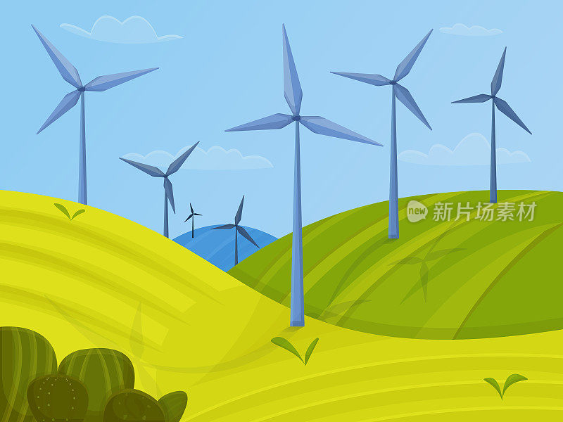 绿色田野和蓝天下的风力涡轮机景观。绿色能源的概念。矢量图
